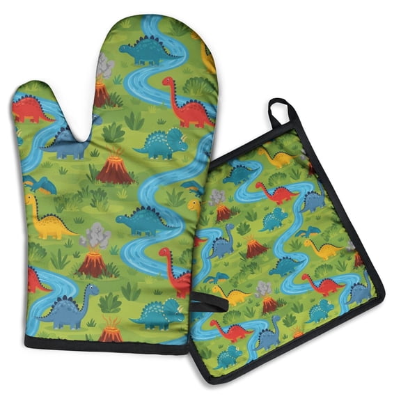 Dinosaurs River Volcano Green Pattern Kitchen Oven Mitt and Pot Holder Sets 2 Pcs for Baking, Cooking and Grilling, Heat Resistant Up To 392 °F