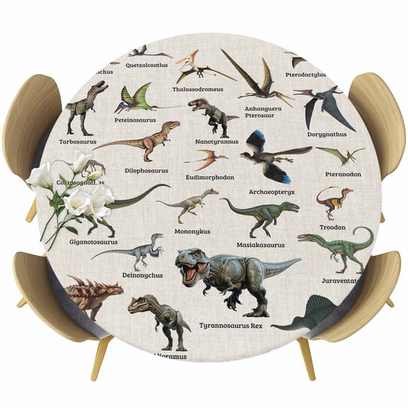 Dinosaurs Round Fitted Tablecloth with Elastic Edge, Vintage Major Dinosaur Groups of Jurassic Era Animals Linen Texture Stretch Table Covers for 36"-44" Tables Wipeable Table Cloth for Outdoor