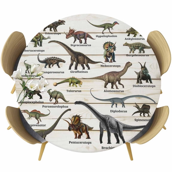 Dinosaurs Round Tablecloth, Fitted Table Cover with Elastic for 36"-44" Round Tables, Natural Primitive Wild Animals Wood Grain Table Cloth Outdoor Indoor Dinning Party Waterproof Tablecloths