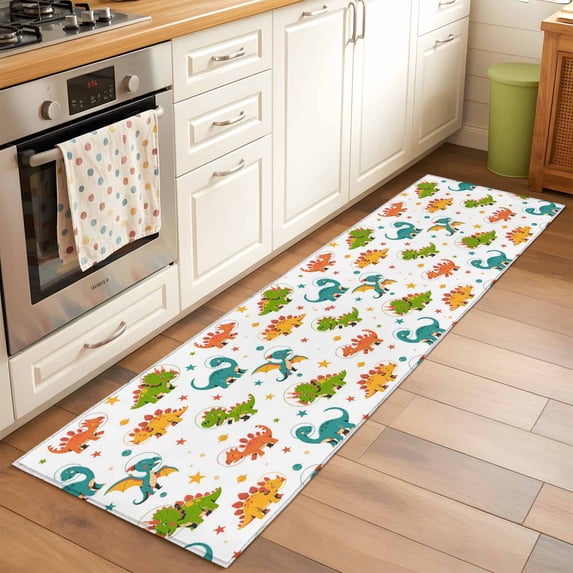 Dinosaurs Runner Rugs 2x6 ft Cartoon Green Orange Blue Yellow Dinosaurs Washable Hallway Rugs Non-Slip Floor Mats Absorbent Carpet Bedside Runners for Bedroom Kitchen Bathroom Laundry Room