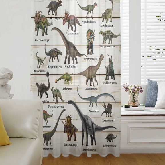 Dinosaurs Semi Sheer Curtains Drapes for Living Room, Bedroom, French Doors Window 108 Inches Long, Natural Primitive Wild Animals Wood Grain Rod Pocket Chiffon Curtain Drapery Voile Draperies Panel