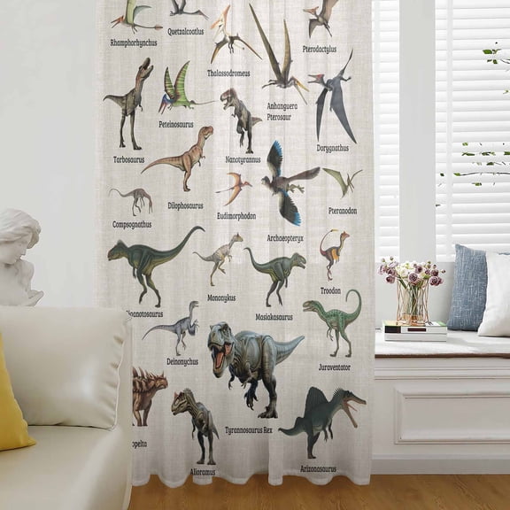 Dinosaurs Semi Sheer Curtains Drapes for Living Room, Bedroom, French Doors Window 45 Inches Long, Natural Primitive Wild Animals Beige Rod Pocket Chiffon Curtain Drapery Voile Draperies Panel