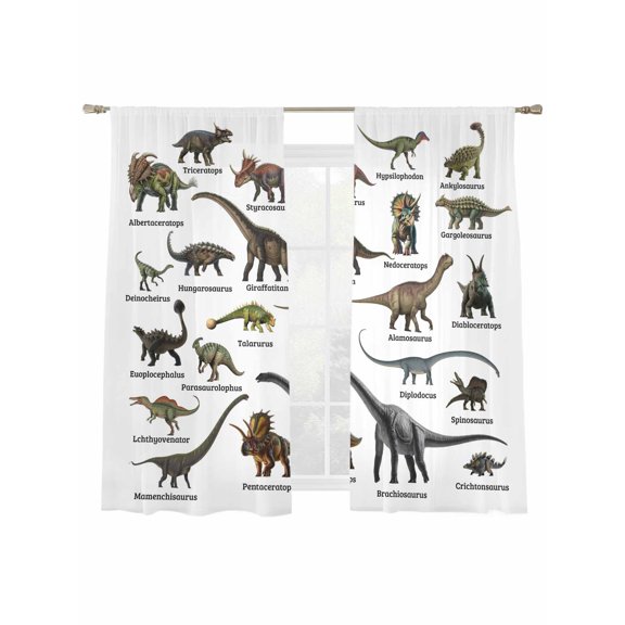 Dinosaurs Sheer Curtains 2 Panels Set Vintage Major Dinosaur Groups of Jurassic Era Animals Sheer Window Curtains Light Filtering Rod Pocket Voile Drapes for Bedroom Living Room 52"x63"