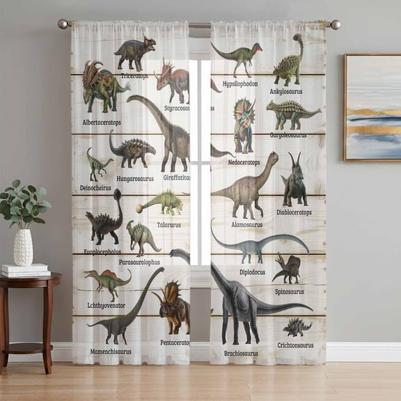Dinosaurs Sheer Curtains 72 Inch Length 2 Panels Set Window Treatments, Natural Primitive Wild Animals Wood Grain Rod Pocket Semi Curtains for Living Room/Bedroom/Kitchen Décor, 104"W x 72"L