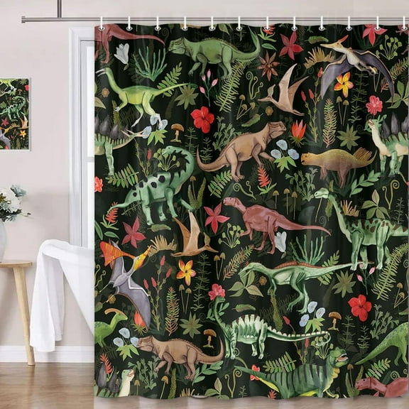 Dinosaurs Shower Curtain for Kids Bathroom, Cute Dino Bath Curtain Dinosaur Jungle Funny Cartoon Boys Girls Children Bathroom Decor Set Hooks Included 72X72IN