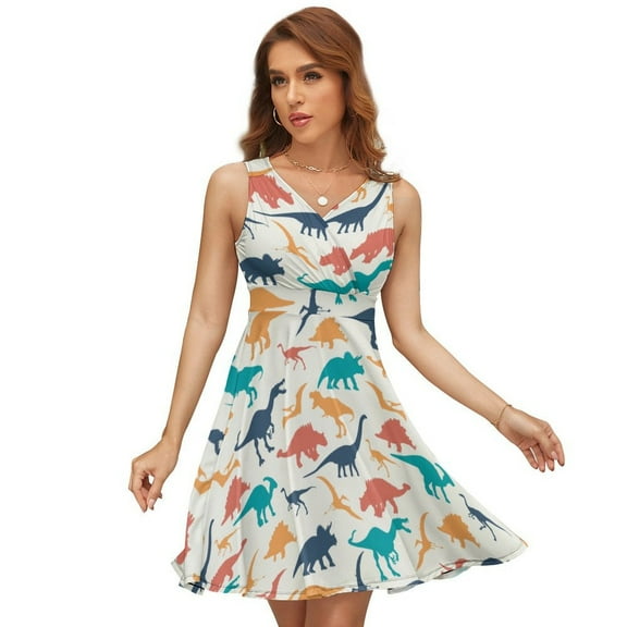 Dinosaurs Silhouette Women's Tank Dress V Neck Sleeveless Summer Sundress
