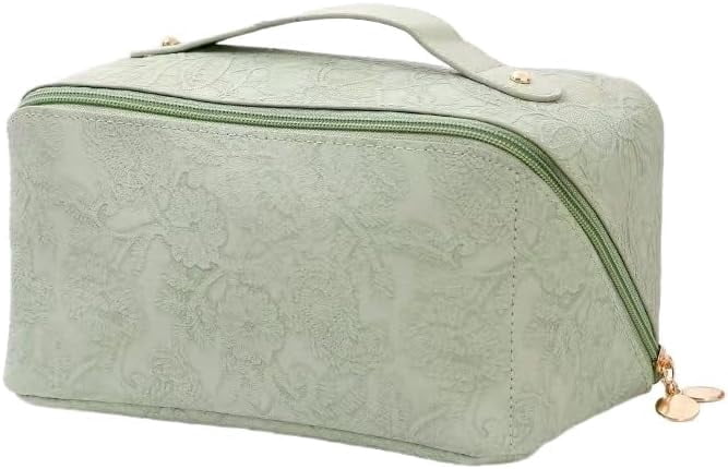 Green Wide-open Cosmetic Makeup Bag, Embossing Print Woman's Travel Toiletry Bags Organizer Pouch