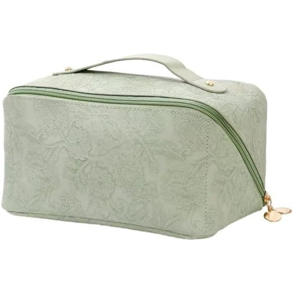 Green Wide-open Cosmetic Makeup Bag, Embossing Print Woman's Travel Toiletry Bags Organizer Pouch