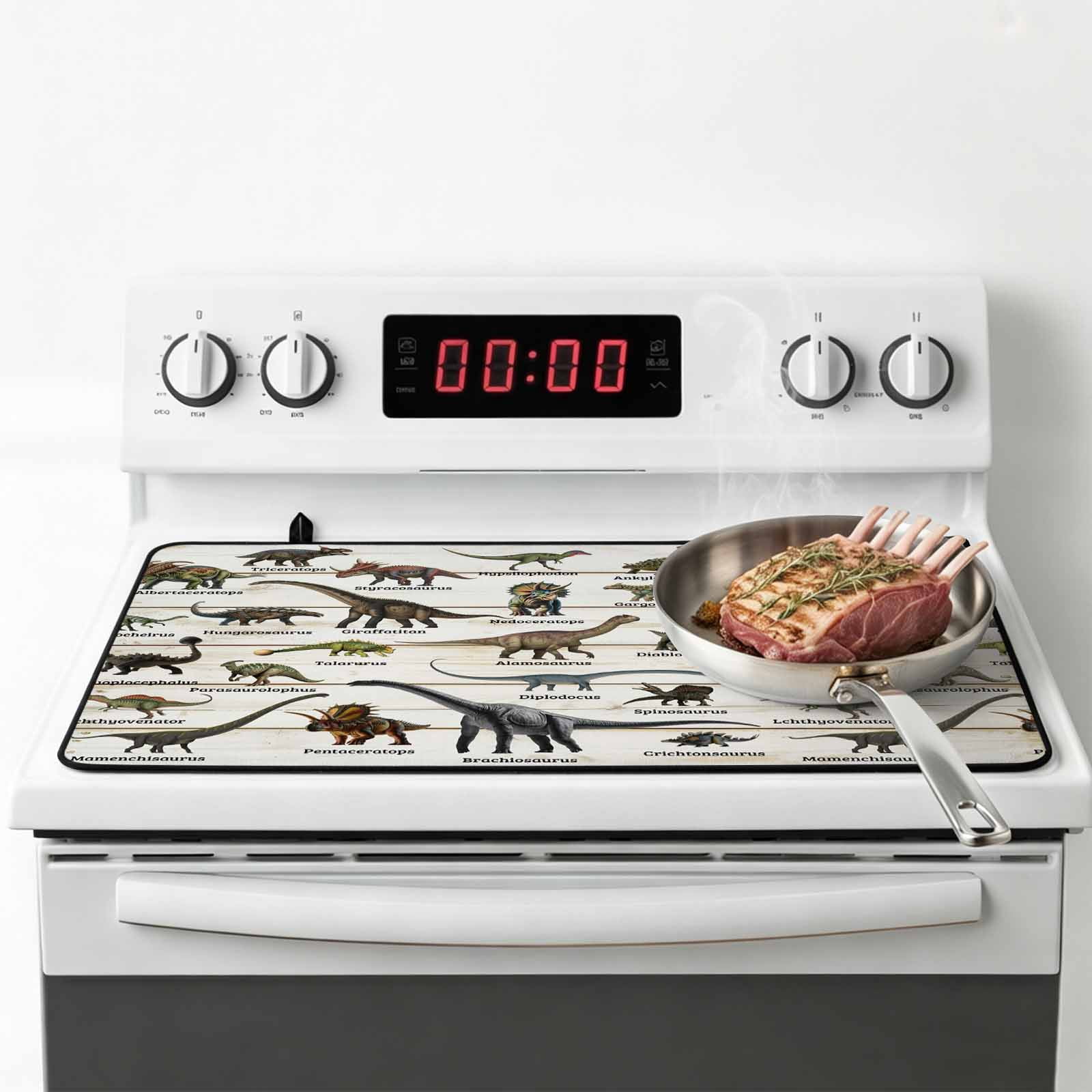Dinosaurs Stove Top Cover for Electric Stove, Heat-proof & Non Slip Glass Top Stove Cover Protector, Natural Primitive Wild Animals Wood Grain Kitchen Flat Cooktop Rubber Mat 24x21 Inches