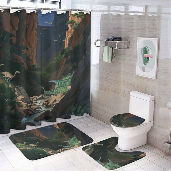 Dinosaurs Sunset Peaceful Lake Scene Shower Curtain Waterproof Bathroom Curtain Set with Hooks Home Decor Bathroom Curtains