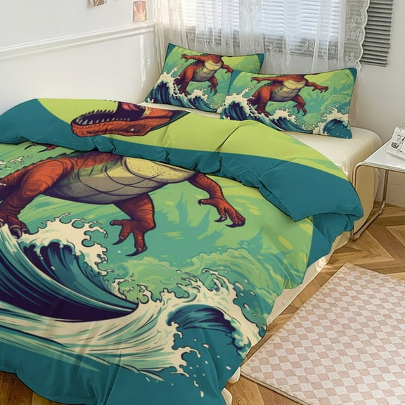Dinosaurs Surfing Bedding Set with Zipper Closure for Girls & Boys