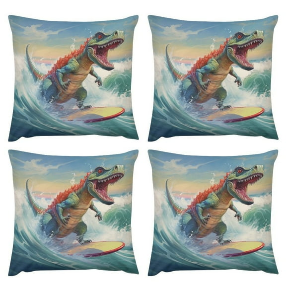 Dinosaurs Surfing Pillow Covers 18 "x18 " Set of 4 pcs，Modern Sofa Throw Pillow Cover, Decorative Home Outdoor Linen Fabric Geometric Pillow Case