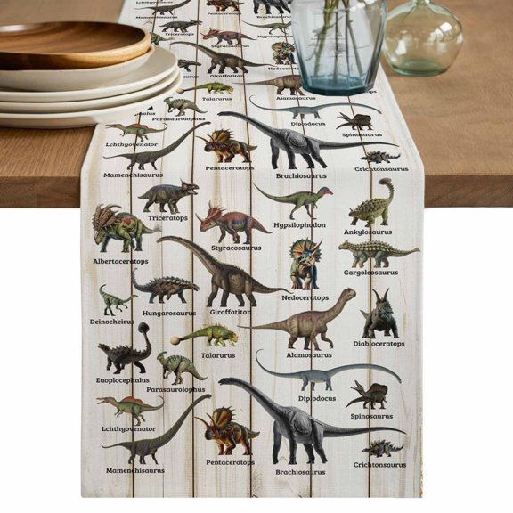 Dinosaurs Table Runner, Vintage Major Dinosaur Groups of Jurassic Era Animals Wood Grain Cotton Linen Kitchen Table Decoration Washable Dining Tabletop Runners for Home Party Decor 13x48 Inches
