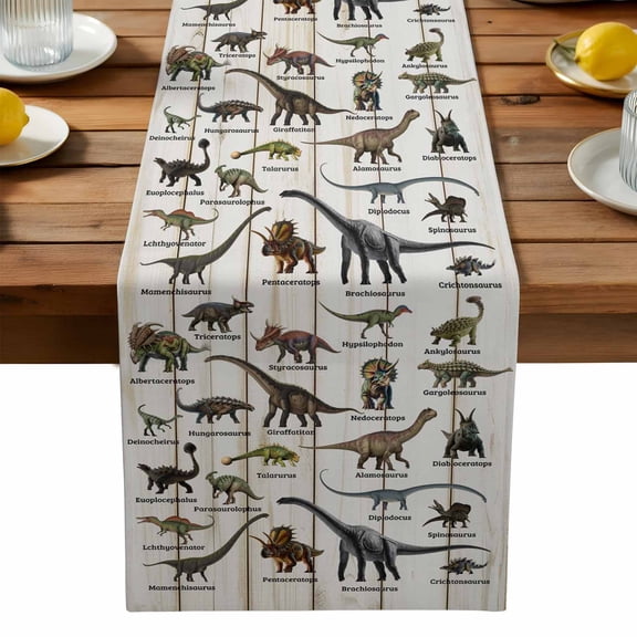 Dinosaurs Table Runner, Vintage Major Dinosaur Groups of Jurassic Era Animals Wood Grain Kitchen Table Runners Dress Scarves for Table Decorations Party/Restaurant/Indoor Outdoor Use, 13x36in