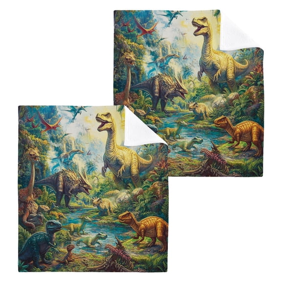 Dinosaurs Time 100% Cotton Face Towel 12x12in Soft Absorbent Washcloth Durable Printed Hand Towels for Bathroom Travel 2 Pcs