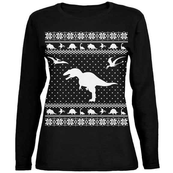 Dinosaurs Ugly XMAS Sweater Black Womens Long Sleeve T-Shirt - X-Large
