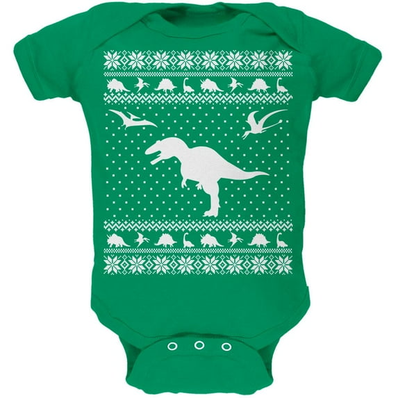 Dinosaurs Ugly XMAS Sweater Kelly Green Soft Baby One Piece - 9-12 months