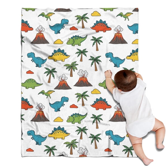 Dinosaurs Volcano Palm White Pattern Blanket,Comfortable Soft Flannel Throw Blanket,All Season,Warm Lightweight Blankets for Sofa Bed Couch Living Room Chair,30"x40"