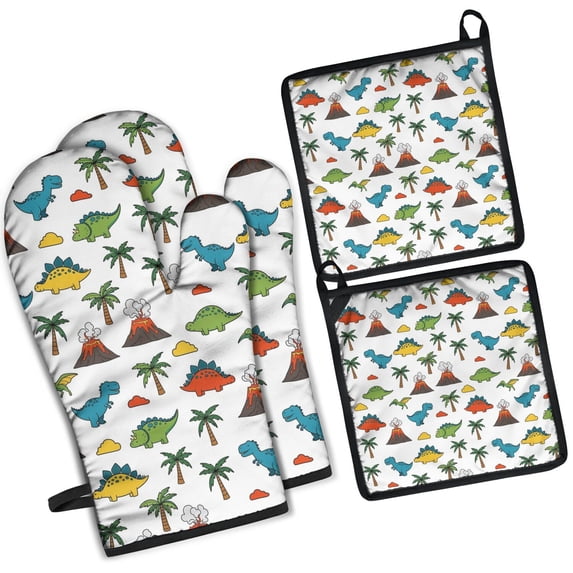 Dinosaurs Volcano Palm White Pattern Kitchen Oven Mitt and Pot Holder Sets 4 Pcs for Baking, Cooking and Grilling, Heat Resistant Up To 392 °F