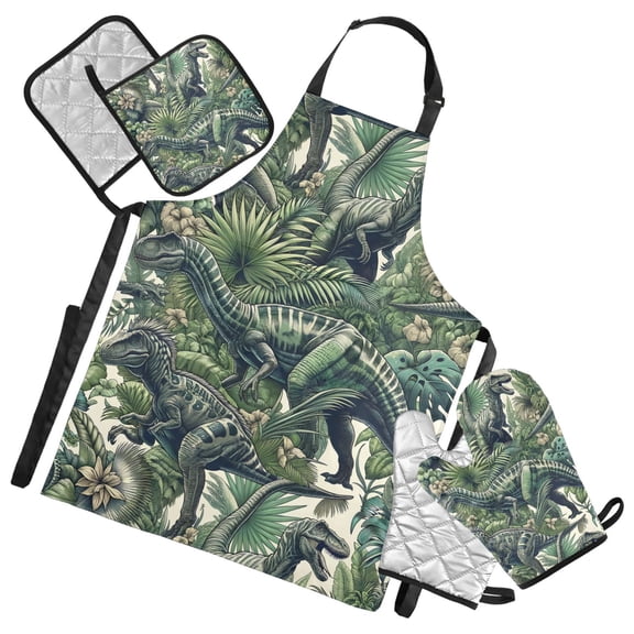 Dinosaurs and Tropical Plant 5 Pcs Kitchen Set Heat Resistant Oven Mitts and Non-Slip Pot Holders with Adjustable Cooking Apron