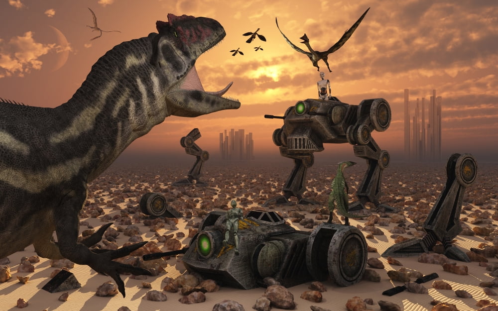 Dinosaurs and robots fight a war of the survival of the fittest Canvas Art - Mark StevensonStocktrek Images (36 x 23)