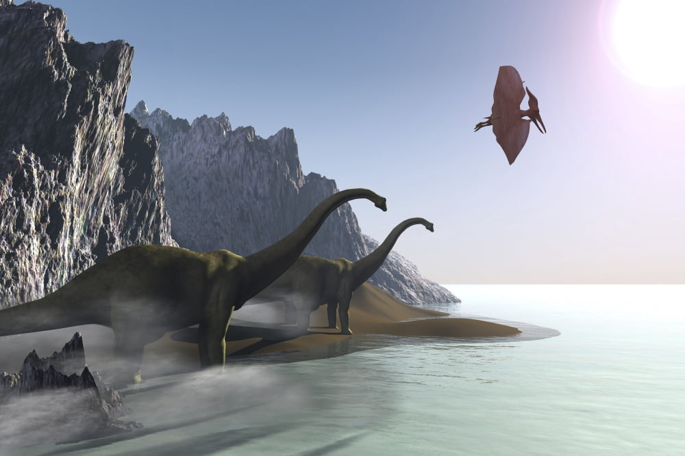Dinosaurs come to the shore for a drink of water Canvas Art - Corey FordStocktrek Images (35 x 23)