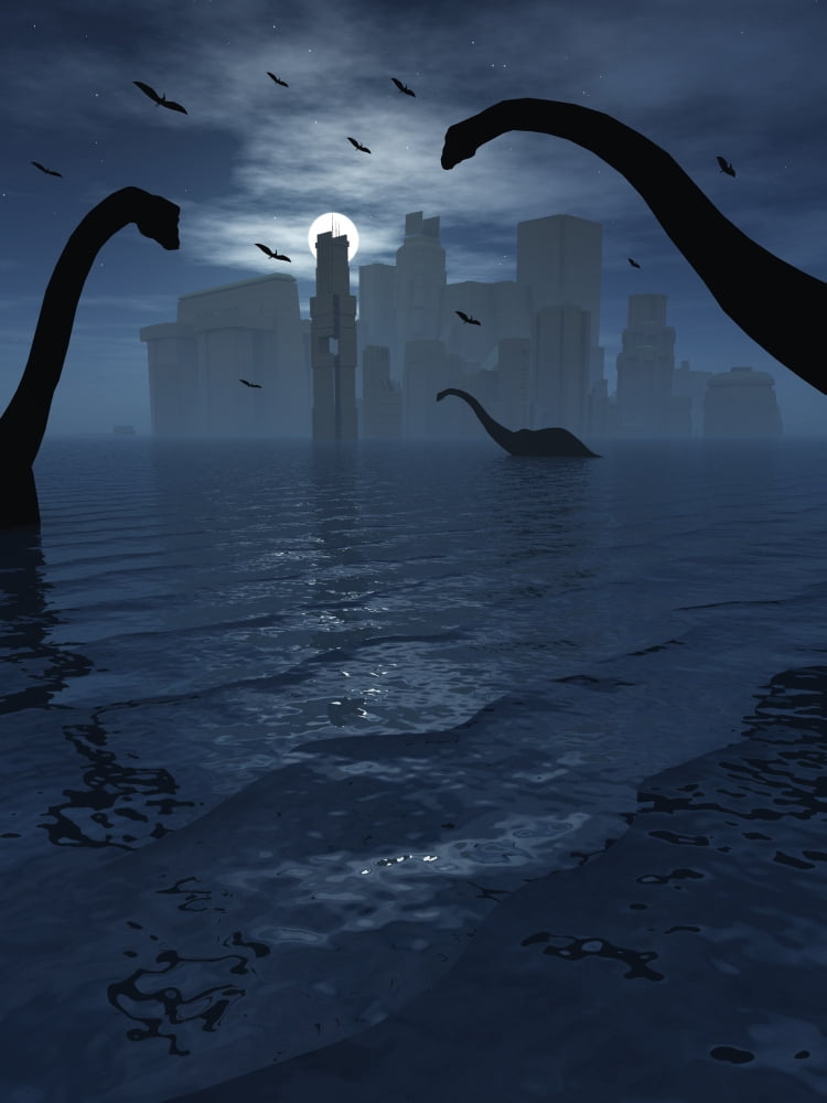 Dinosaurs feed near the shores of the famed lost city of Atlantis Canvas Art - Mark StevensonStocktrek Images (25 x 33)