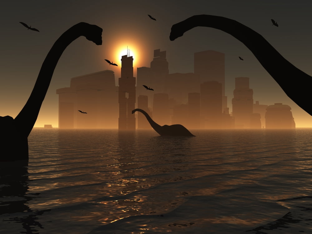 Dinosaurs feed near the shores of the famed lost city of Atlantis Canvas Art - Mark StevensonStocktrek Images (33 x 25)