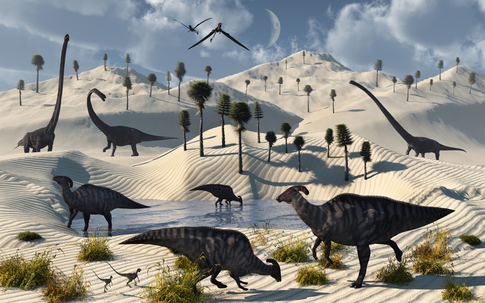 Dinosaurs gather at a life saving oasis Canvas Art - Mark StevensonStocktrek Images (36 x 23)