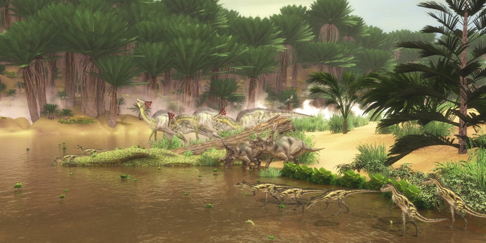 Dinosaurs grazing along a Cretaceous river Canvas Art - Corey FordStocktrek Images (40 x 20)