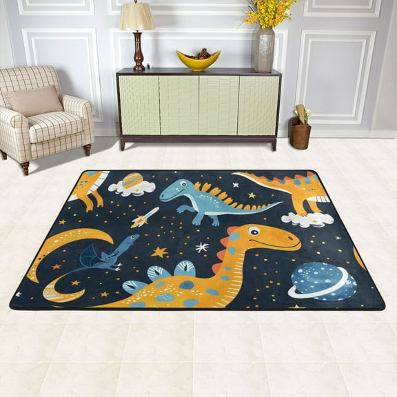 Dinosaurs in Space Area Rug Washable 72 x 48 Floor Carpet Mat Non Slip for Bedroom Living Room Kids Room Home Decor