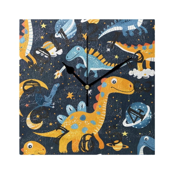 Dinosaurs in Space Wall Clock Square Silent Non Ticking Battery Operated Clock for Home Bathroom Kitchen Bedroom Living Room