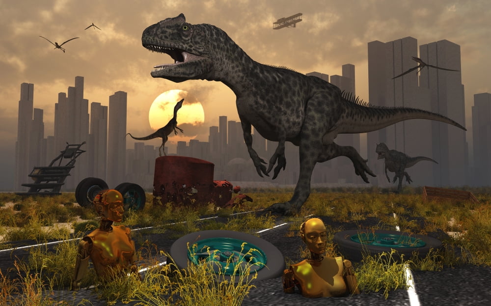 Dinosaurs run wild and robotic androids melt into the highway Canvas Art - Mark StevensonStocktrek Images (18 x 12)