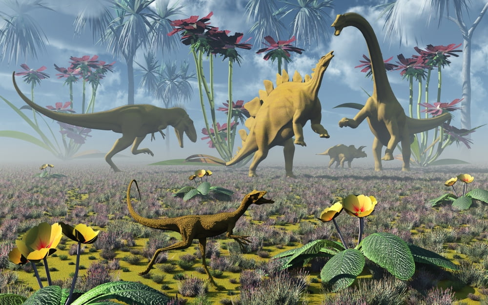 Dinosaurs running around an imaginative garden Canvas Art - Mark StevensonStocktrek Images (36 x 23)