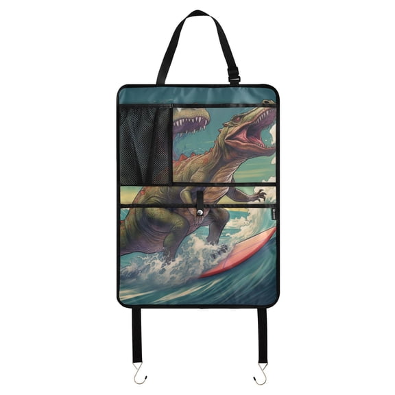 Dinosaurs surfing ocean waves fun Car Seat Back Kick Protectors,12 Pack Kick Mats with Storage Pockets for Vehicles to Protect from Dirt, Mud & Scratches