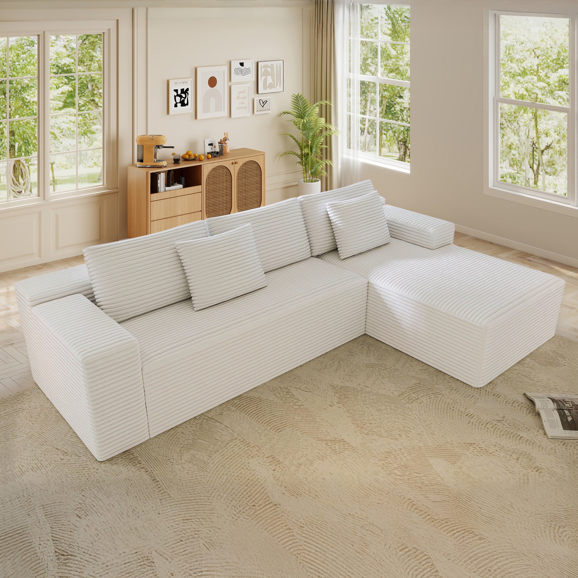 Lunale 104" Cloud Sectional Sofa with Right Chaise, Oversized Modular L-Shaped Couch, Plush Corduroy Sleeper Couch for Living Room, No Assembly Required, Beige
