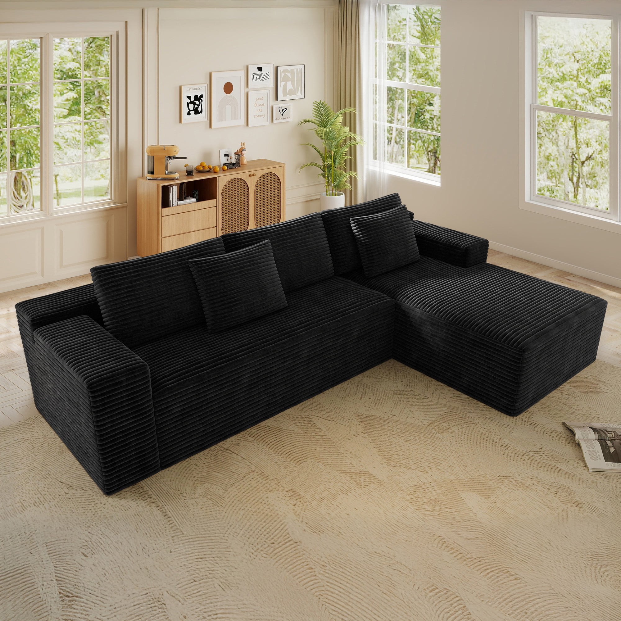 Lunale 104" Cloud Sectional Sofa with Right Chaise, Oversized Modular L-Shaped Couch, Plush Corduroy Sleeper Couch for Living Room, No Assembly Required, Black