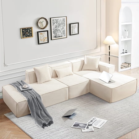 Dinosisco 129.5" Oversized Modular Sectional Sofa, Modern L-Shaped Couch with Right Chaise, 3 Pieces Living Room Sofa Set, No Assembly Required, Beige Chenille