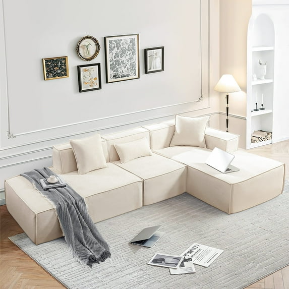 Dinosisco 129.5" Oversized Modular Sectional Sofa, Modern L-Shaped Couch with Right Chaise, 3 Pieces Living Room Sofa Set, No Assembly Required, Beige Chenille