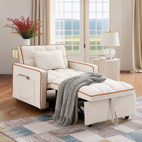 Dinosisco 3-in-1 Convertible Chair Bed, Sleeper Chair Lounge Chair Indoor, Modern Single Pull Out Couch for Living Room, Beige Velvet