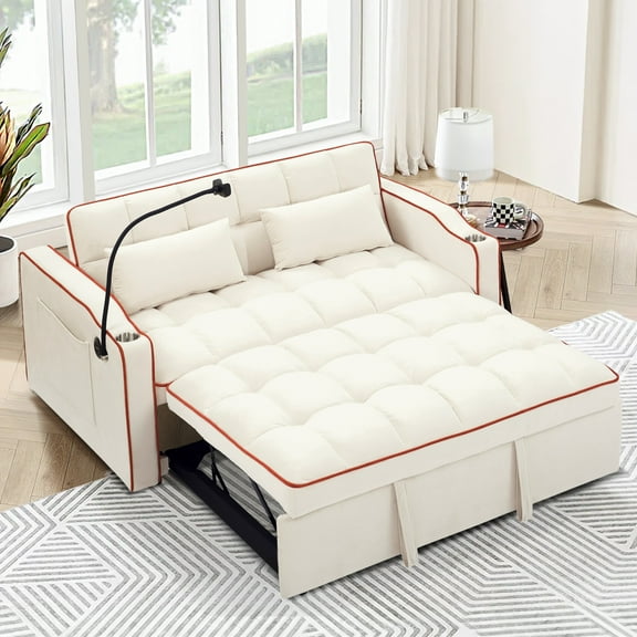 Muumblus 3-in-1 Convertible Futon Sofa Bed, Loveseat Sleeper with Phone Stand, USB, Beige Velvet