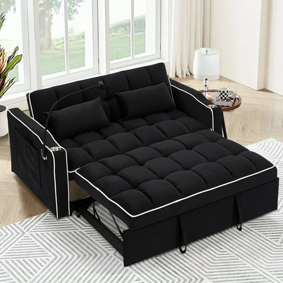 Dinosisco 4-in-1 Convertible Futon Sofa Bed, Loveseat Sleeper with Phone Stand, USB, Black Velvet