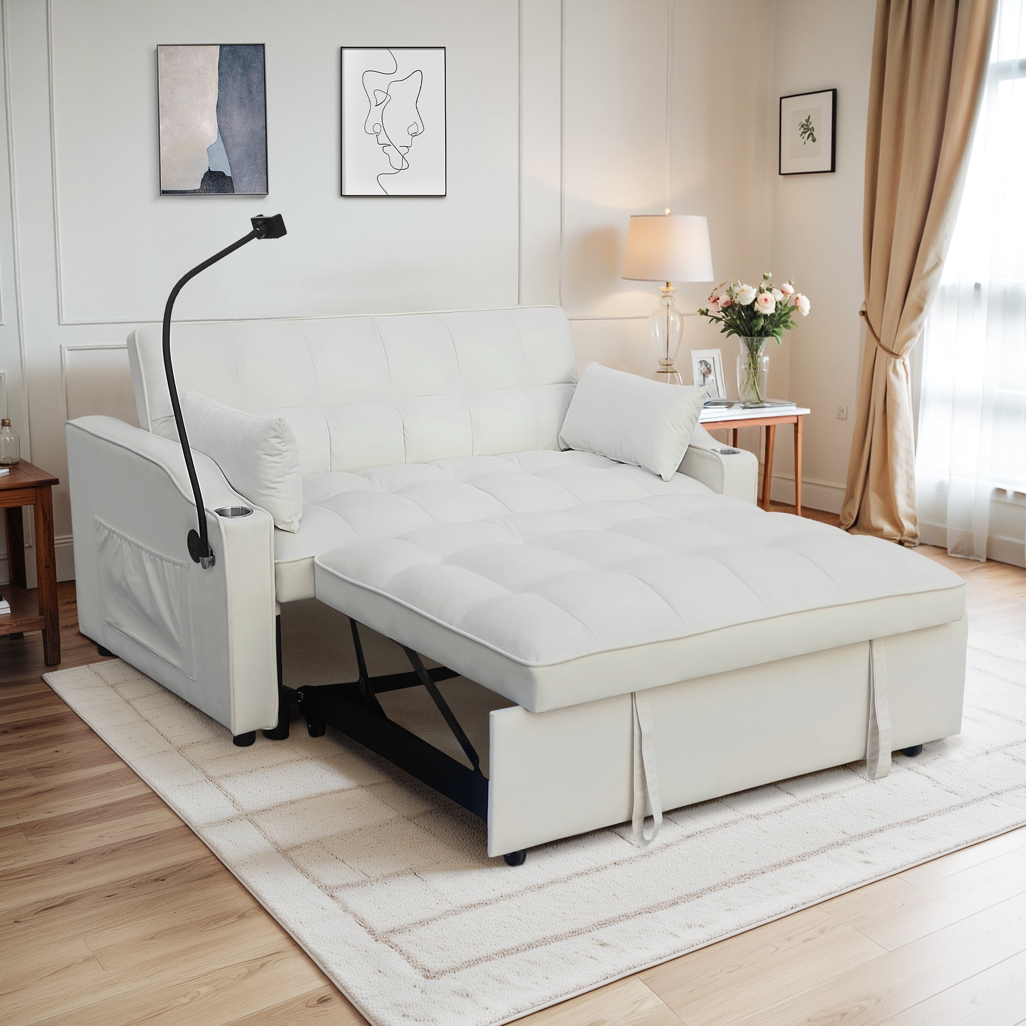 Dinosisco 3-in-1 Convertible Loveseat Sleeper, 55" Futon Sofa Bed with Phone Stand, USB, Beige Velvet