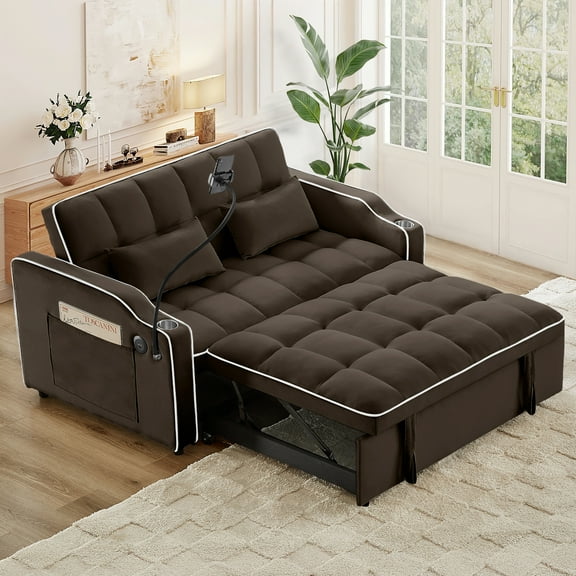 Lunale 4-in-1 Convertible Loveseat Sleeper, 55" Futon Sofa Bed with Phone Stand, USB, Brown Velvet