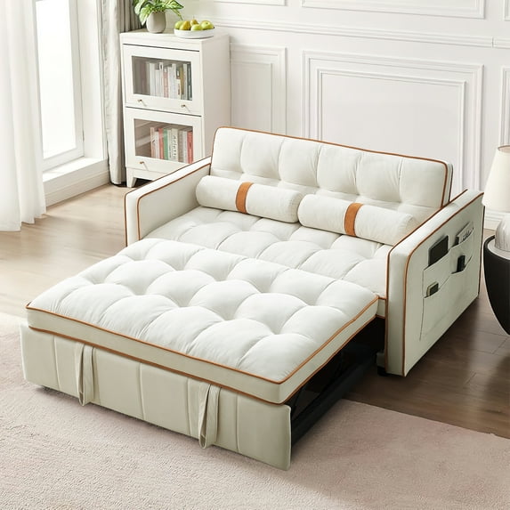 Dinosisco 3 in 1 Convertible Pull Out Sofa Bed, 55.5" Velvet Sleeper Loveseat, Indoor, Beige