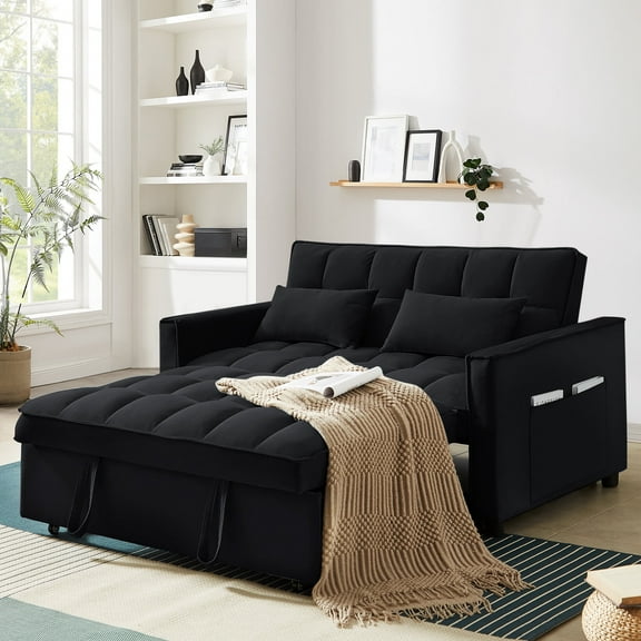Dinosisco 3 in 1 Convertible Pull Out Sofa Bed, 55" Velvet Sleeper Loveseat, Black