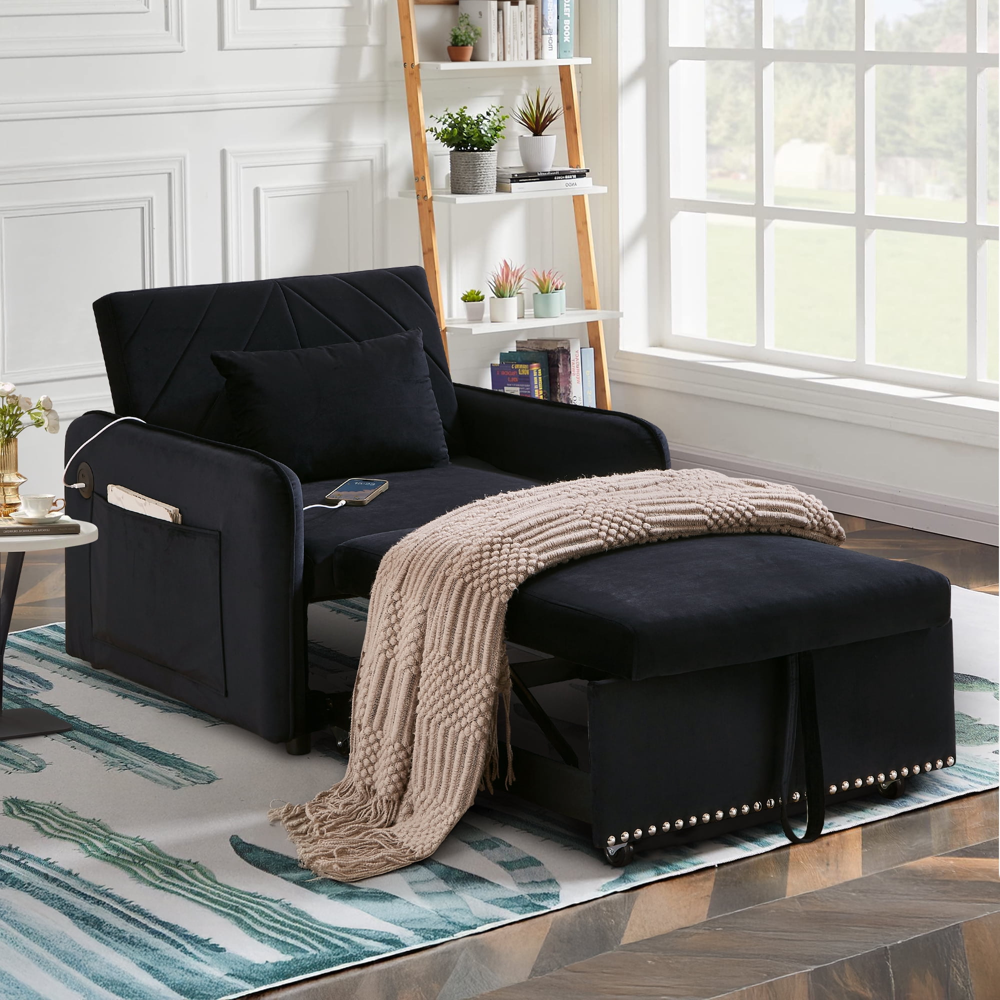 Lunale 3-in-1 Convertible Sleeper Chair Bed, Indoor Lounge Chair with USB/Type-C Charging Ports, Modern Recliner Sofa for Living Room, Black Velvet