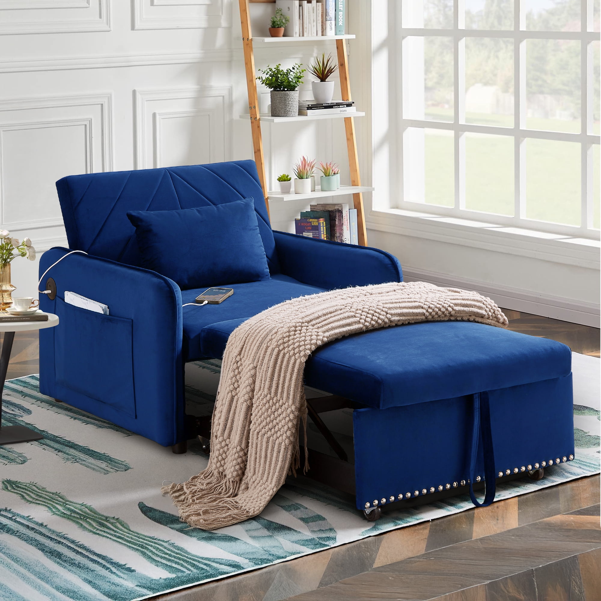 Lunale 3-in-1 Convertible Sleeper Chair Bed, Indoor Lounge Chair with USB/Type-C, Blue Velvet