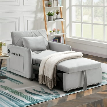Dinosisco 3-in-1 Convertible Sleeper Chair Bed, Indoor Lounge Chair with USB/Type-C Charging Ports, Modern Recliner Sofa for Living Room, Gray Velvet