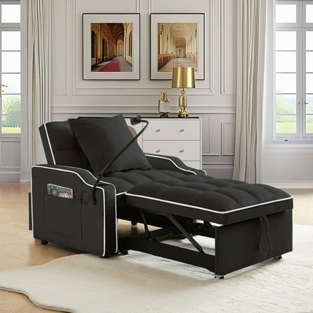 Lunale 4-in-1 Convertible Sleeper Chair Bed with Charge Ports & Phone Stand, Black Velvet